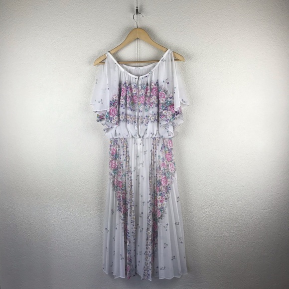 Vintage l 80s S Sheer Floral Daisy Cottagecore Flutter Sleeve Pleated Boho Dress - Picture 6 of 14